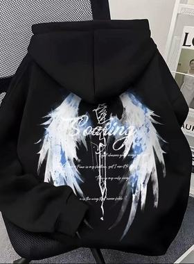 中大儿童美式高街连帽卫衣男童秋冬翅膀印花潮牌加绒黑色外套卫衣