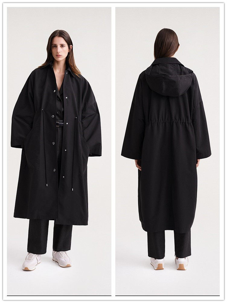 少量现货toteme女装黑色连帽抽绳收腰中长款长袖派克大衣外套新款