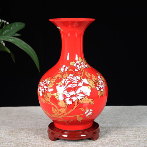 景德镇中国红花瓶酒柜装饰品