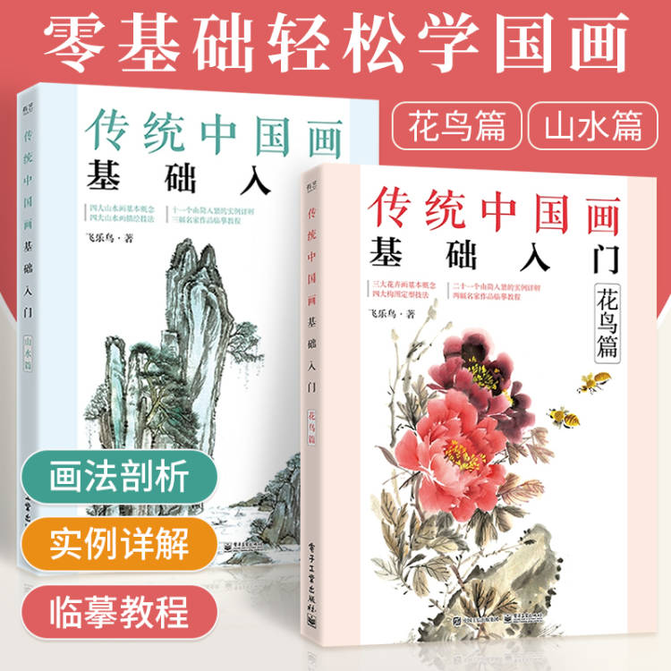 全2册传统中国画基础入门山水篇+花鸟篇国画临摹画册技法从入门到精通教材书籍白描山水画自学零基础教程书画本线描成人绘画初学者 书籍/杂志/报纸 绘画（新） 原图主图