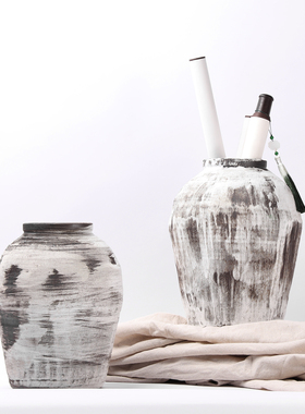 新中式宅寂风粗陶花器样板间售楼处家居客厅玄关软装花瓶装饰摆放