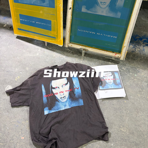 前200名秒杀电视蓝屏曼森TV短袖T恤VTG水洗做旧圆筒无缝单针工艺