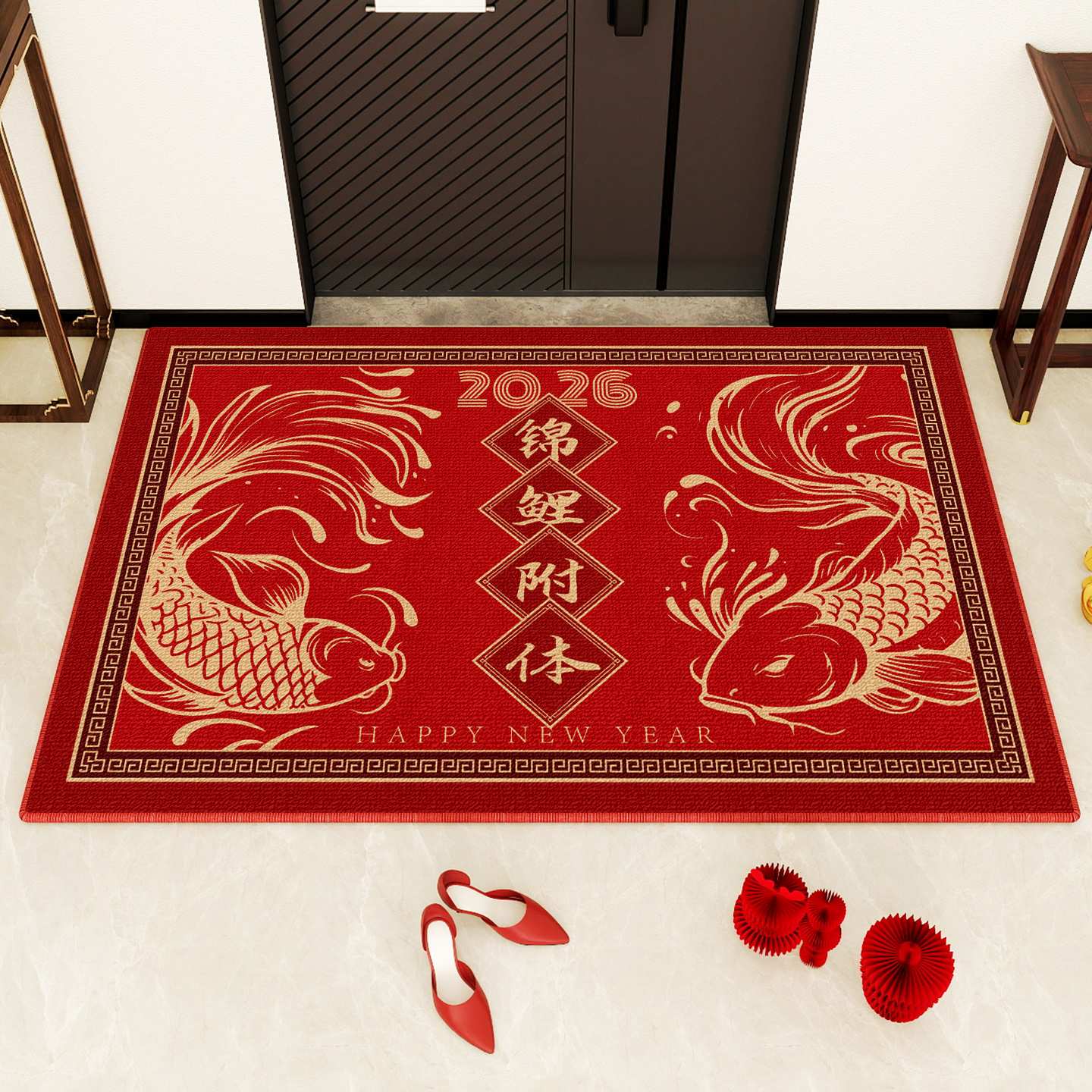 马年年年有余门口地垫新年玄关装饰脚垫元旦过年大门喜庆氛围布置