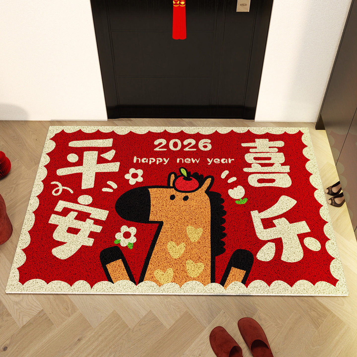 入户门地垫室内玄关丝圈门垫2026新年卡通喜庆地毯大门口防滑脚垫
