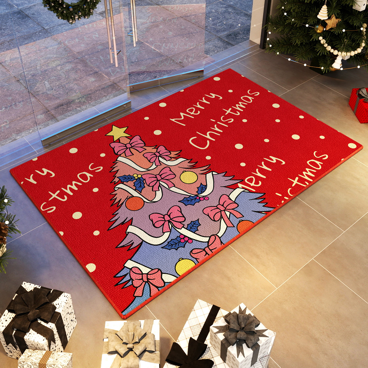 入户门地垫红色圈绒喜庆地毯门口耐脏防滑脚垫圣诞店铺办公室门垫