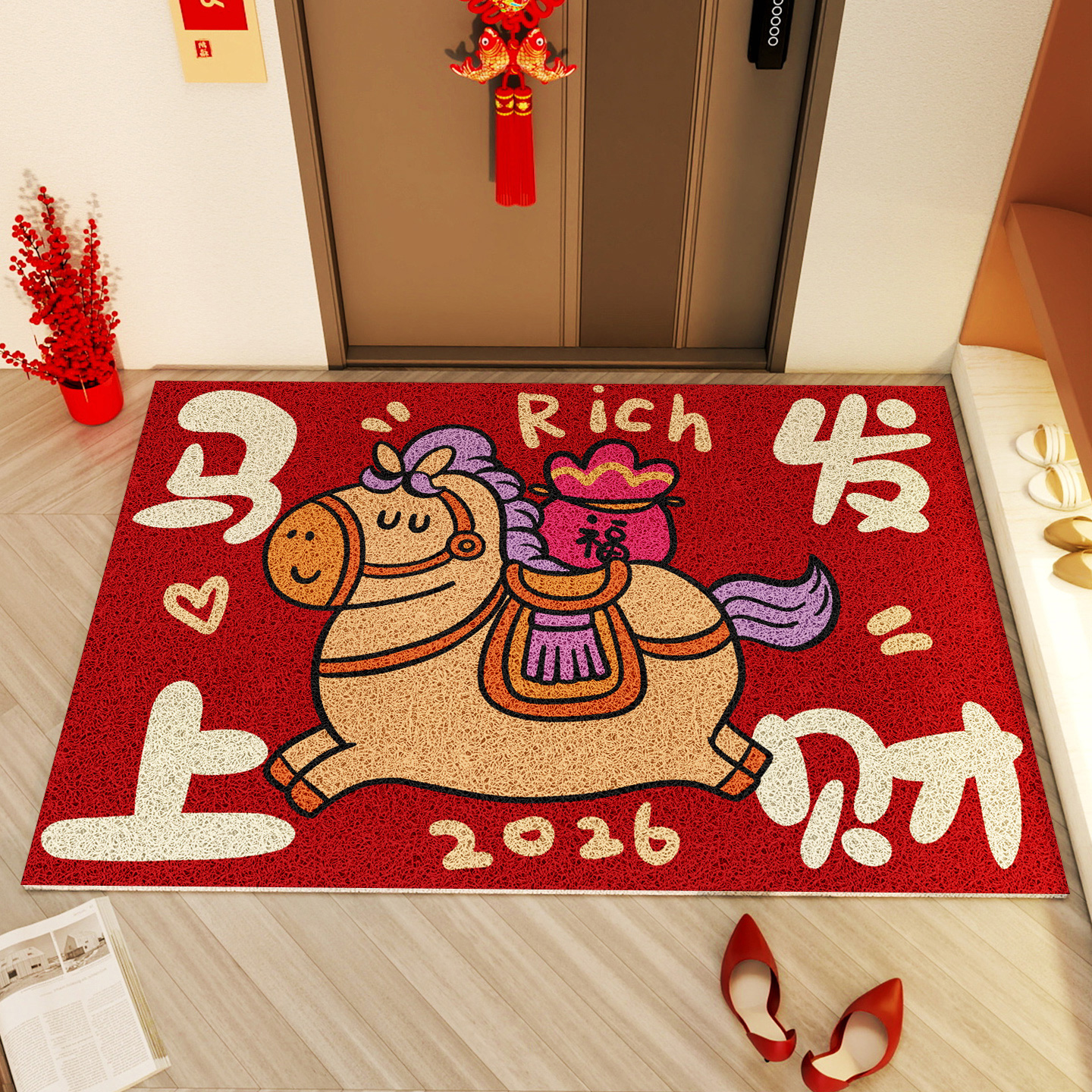 卡通入户门地垫马年新年门口红地毯进门玄关喜庆脚垫防滑耐脏门垫