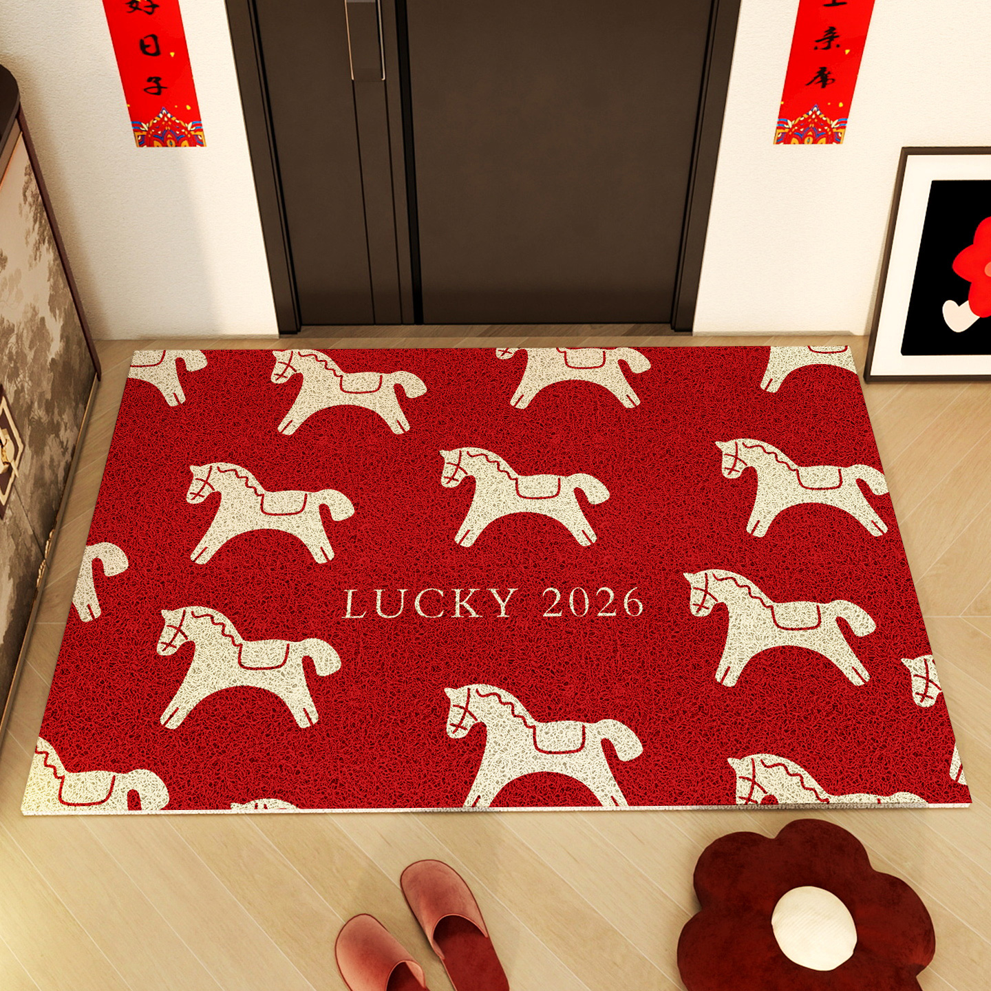 2026马年简约红地毯入户门地垫新年门口防滑脚垫可裁剪丝圈进门垫