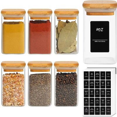 Glass Spice Jars with Bamboo Lid, 8oz Airtight Square Contai