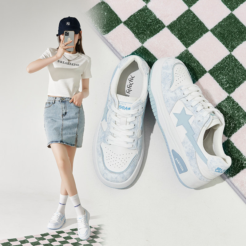 正品秋季新款学院风系带小白鞋子女拼色平底休闲运动板鞋轻便透气