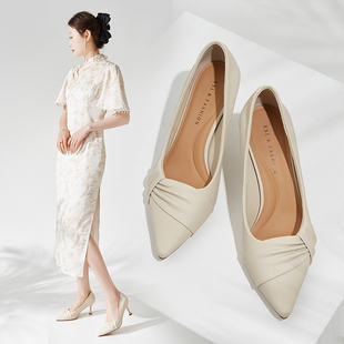 米色高跟鞋女正品 秋季新款ins风细跟褶皱单鞋百搭久站不累脚女鞋