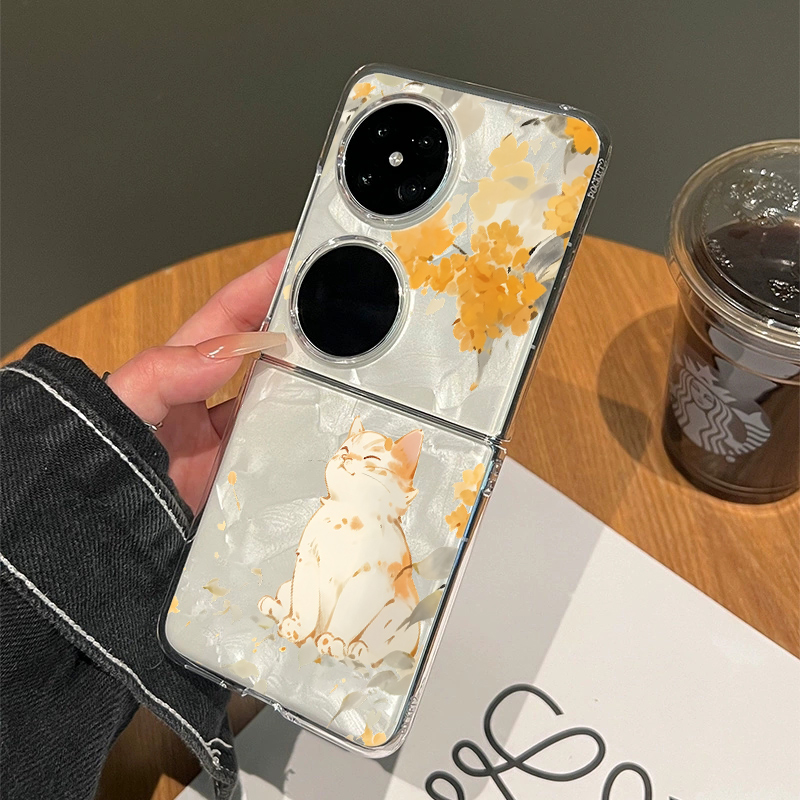 适用华为折叠手机壳桂花猫咪