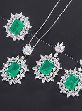祖母绿项链耳环仿真女戒指套装复古耳钉奢华高级宝石925吊坠气质