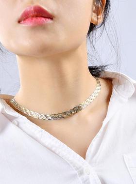 项链编织意大利链纯银s925女银三色锁骨蛇骨金宽镀时尚麻花款进口