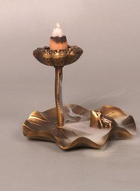 摆件创意软装家用简约现代人物轻奢荷叶青蛙倒流香炉铜室内塔茶道