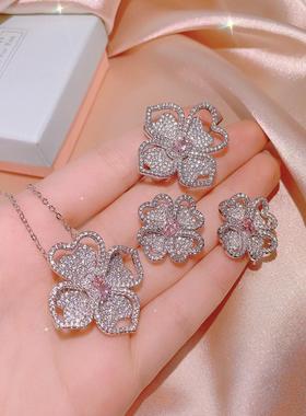 戒指钻女满花朵项链镀18k欧美订婚璀璨宝石金闪轻奢时尚豪华群粉