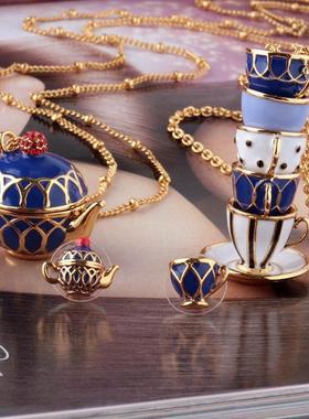 项链珐琅毛衣链茶杯釉长款ks茶壶女欧美美国设计茶小众可饰品时尚