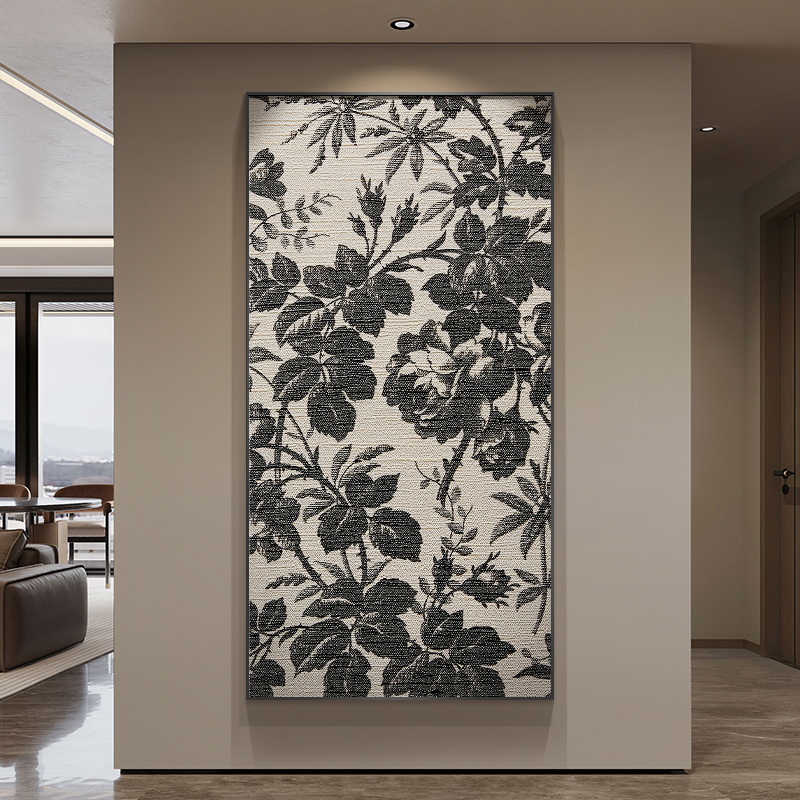 美式复古风玄关装饰画怀旧黑白灰抽象植物高档壁画过道走廊尽头画图片