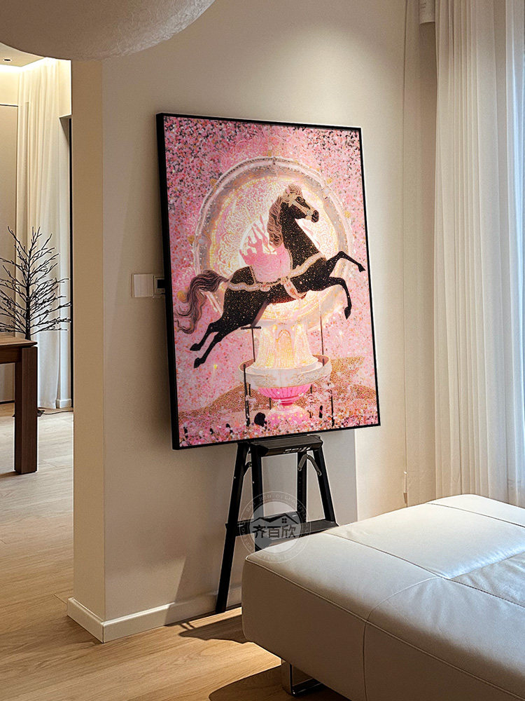 浅色法式客厅装饰画粉红色幻想马女孩卧室床边温暖挂画餐厅入口大