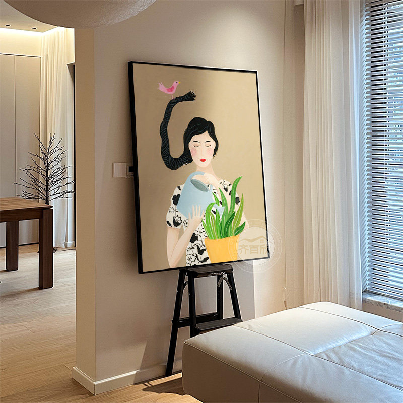 现代个性女孩浇花卧室床头挂画竖版简约ins风客厅餐厅斗柜装饰画