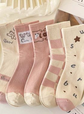 袜子女中筒袜韩版学生可爱卡通泰迪熊袜秋冬冬季高帮长筒袜女士袜
