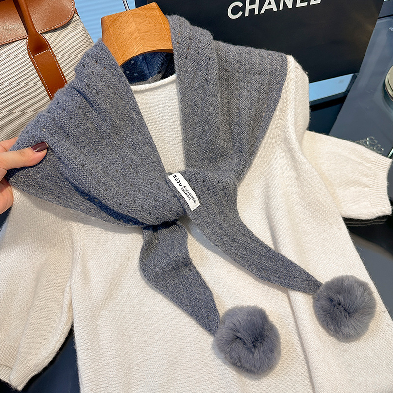 可拆卸毛球！韩版绵羊绒围脖小披肩女秋冬保暖针织三角巾羊毛围巾