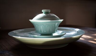 【耀州窑】莲瓣撇口小盖碗 纯手工拉胚刻花纯原矿 100ml