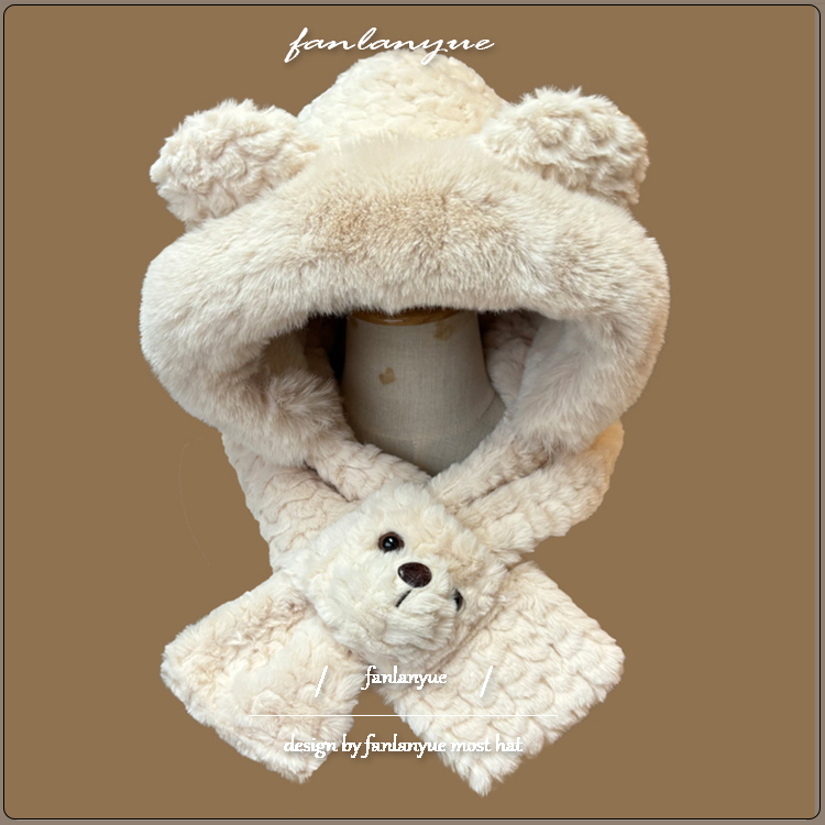 可爱卡通小熊帽子围巾一体女冬韩版毛绒显脸小加厚保暖护耳雷锋帽