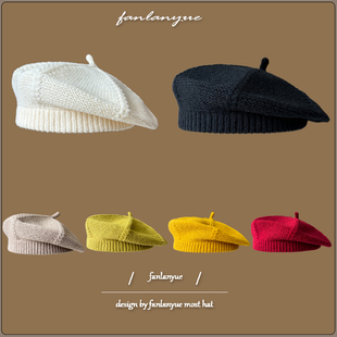 日系针织贝雷帽女秋冬ins网红纯色百搭画家帽甜美文艺八角蓓蕾帽