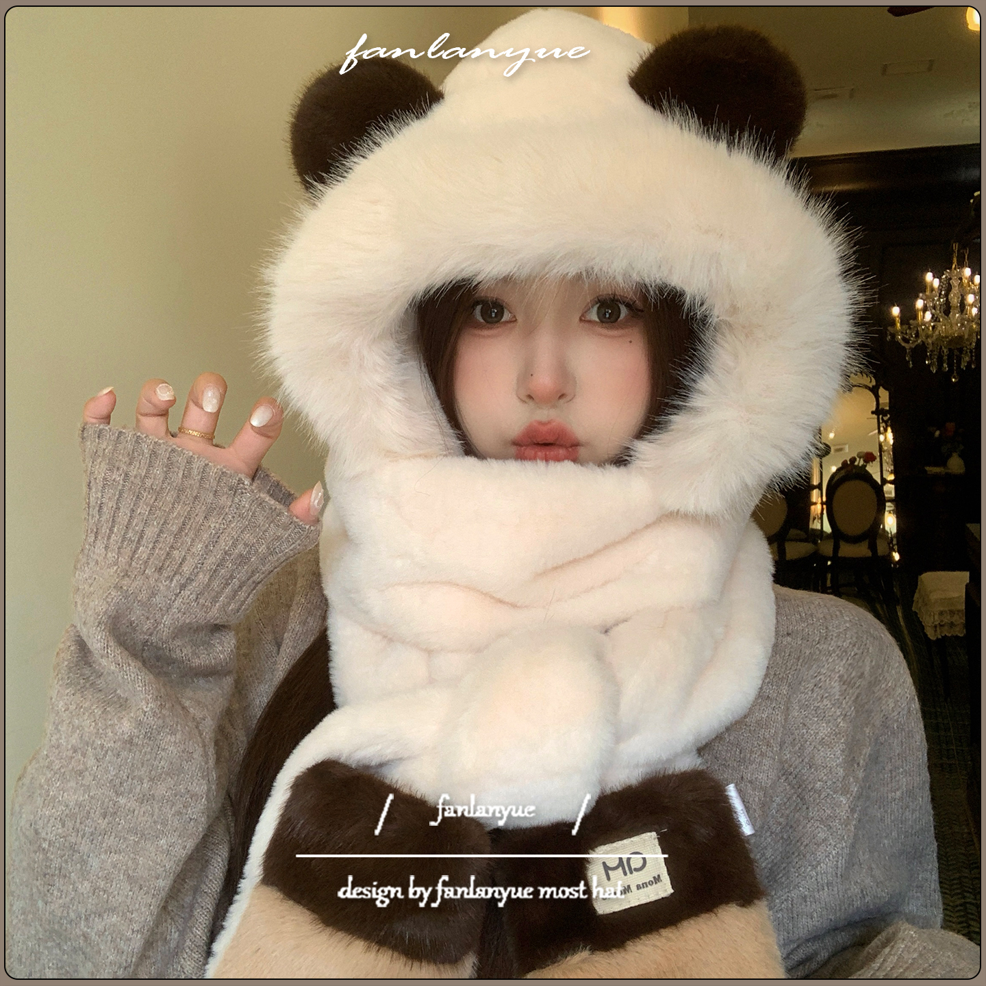 可爱熊猫耳朵毛绒帽子围巾一体女冬季出游东北滑雪防寒保暖雷锋帽