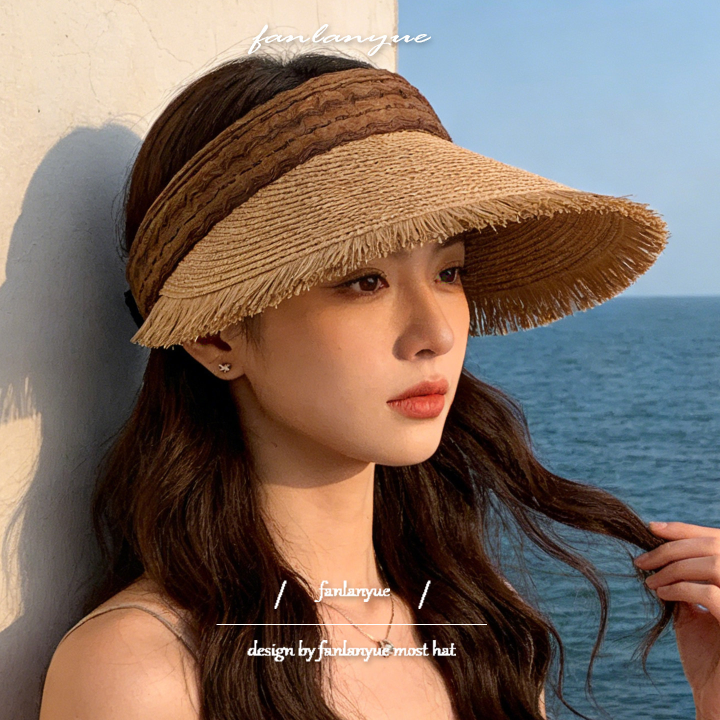 夏季女士空顶草帽大帽檐遮阳防晒帽海边度假草编毛边太阳帽沙滩帽