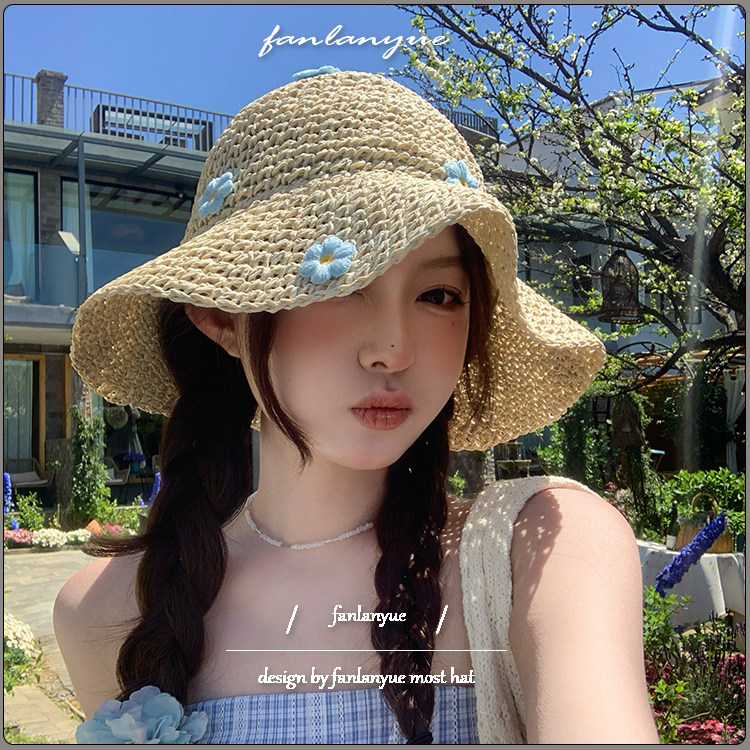 法式花朵草编渔夫帽女夏季透气遮阳防晒帽水桶帽日系小清新显脸小