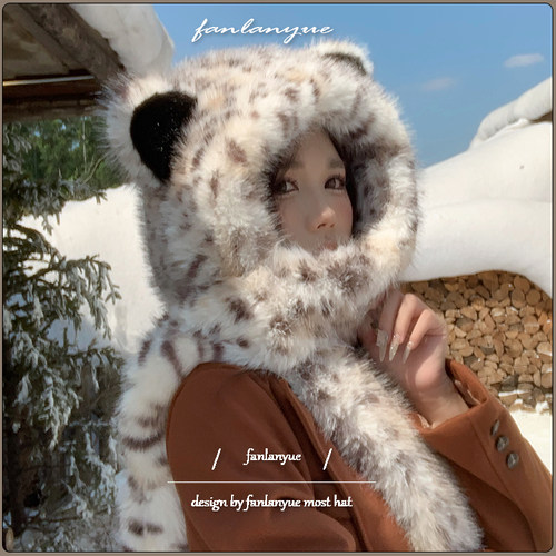 甜酷可爱雪豹纹耳朵毛绒帽子围巾一体女冬加厚保暖防寒抗冻雷锋帽