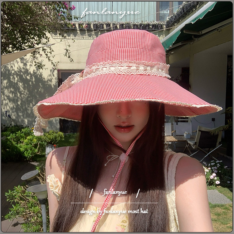 小清新格纹蕾丝蝴蝶结渔夫帽女夏出游海边加大檐遮阳防晒沙滩帽子