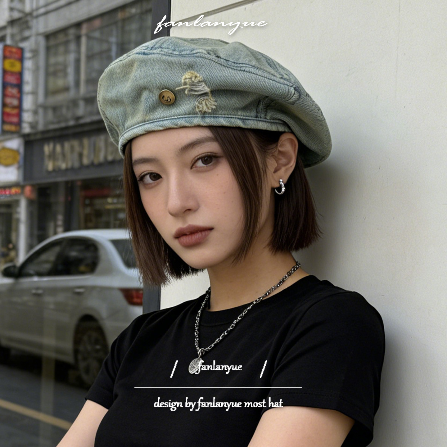 原宿风牛仔贝雷帽女士薄款百搭显脸小画家帽复古高级感街头无檐帽