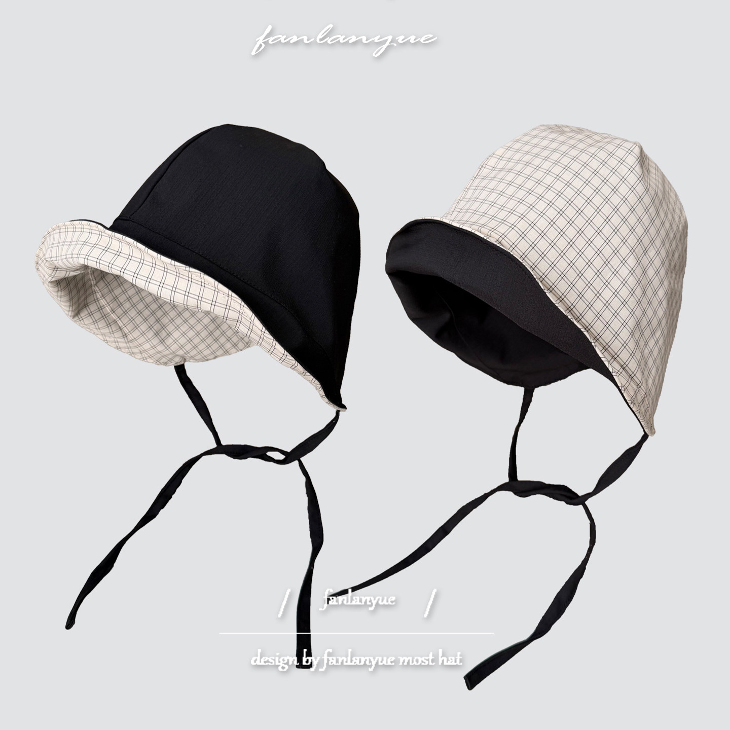 格纹渔夫帽女春夏小清新细带双面戴盆帽韩系百搭小卷边减龄遮阳帽