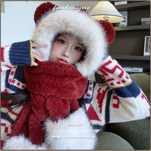 安克拉红色小熊耳朵毛绒帽子围巾手套一体女冬可爱加厚保暖雷锋帽