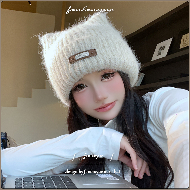 猫耳朵毛线帽女冬日系甜美可爱针织帽柔软马海毛护耳帽保暖大头围