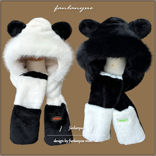 可爱运动版小浣熊猫帽子围巾手套一体男女秋冬情侣款毛绒雷锋帽潮