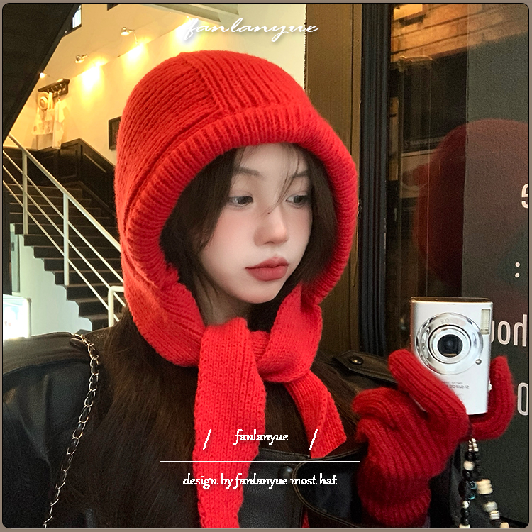 巴拉克拉法红色帽子女冬季显脸小针织毛线护耳帽保暖学生雷锋帽潮