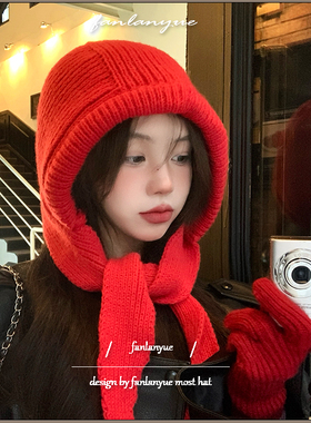 巴拉克拉法红色帽子女冬季显脸小针织毛线护耳帽保暖学生雷锋帽潮