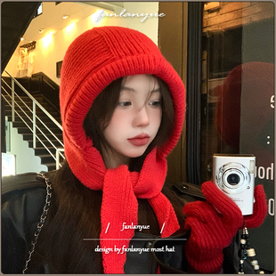 巴拉克拉法红色帽子女冬季显脸小针织毛线护耳帽保暖学生雷锋帽潮