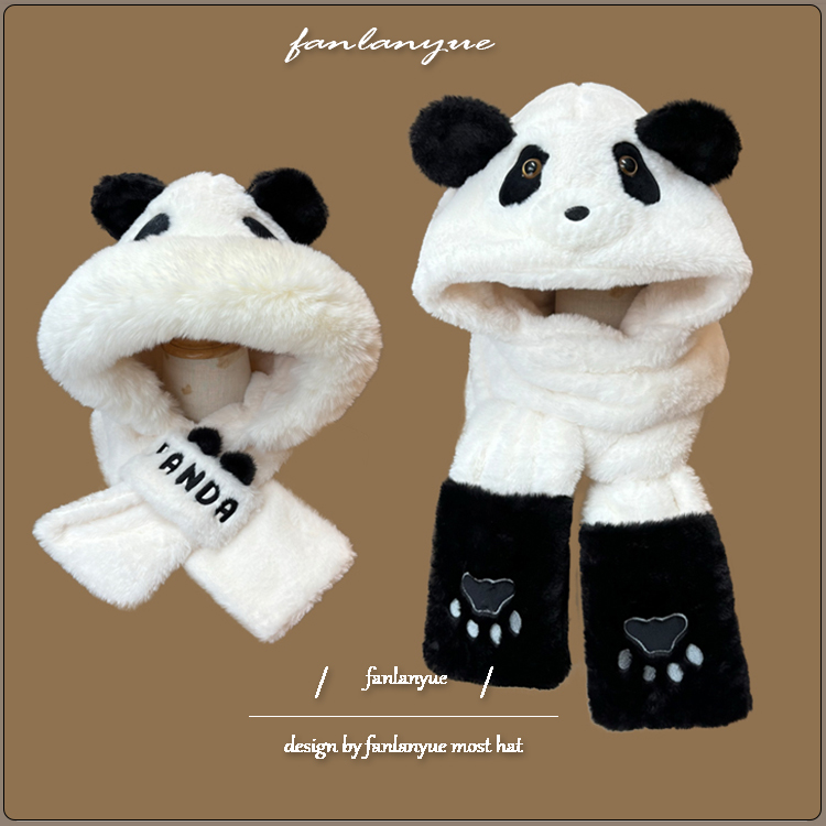 可爱黑白熊猫毛绒帽子围巾手套一体女冬季骑车加厚保暖围脖雷锋帽