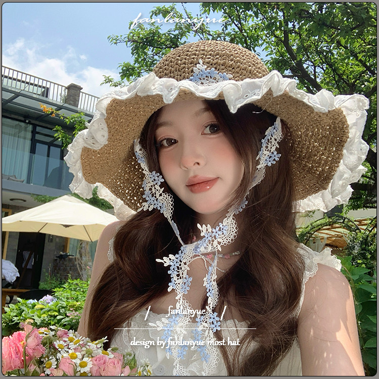 甜美碎花飘带草帽女夏海边度假风大帽檐遮阳防晒帽可折叠太阳帽子