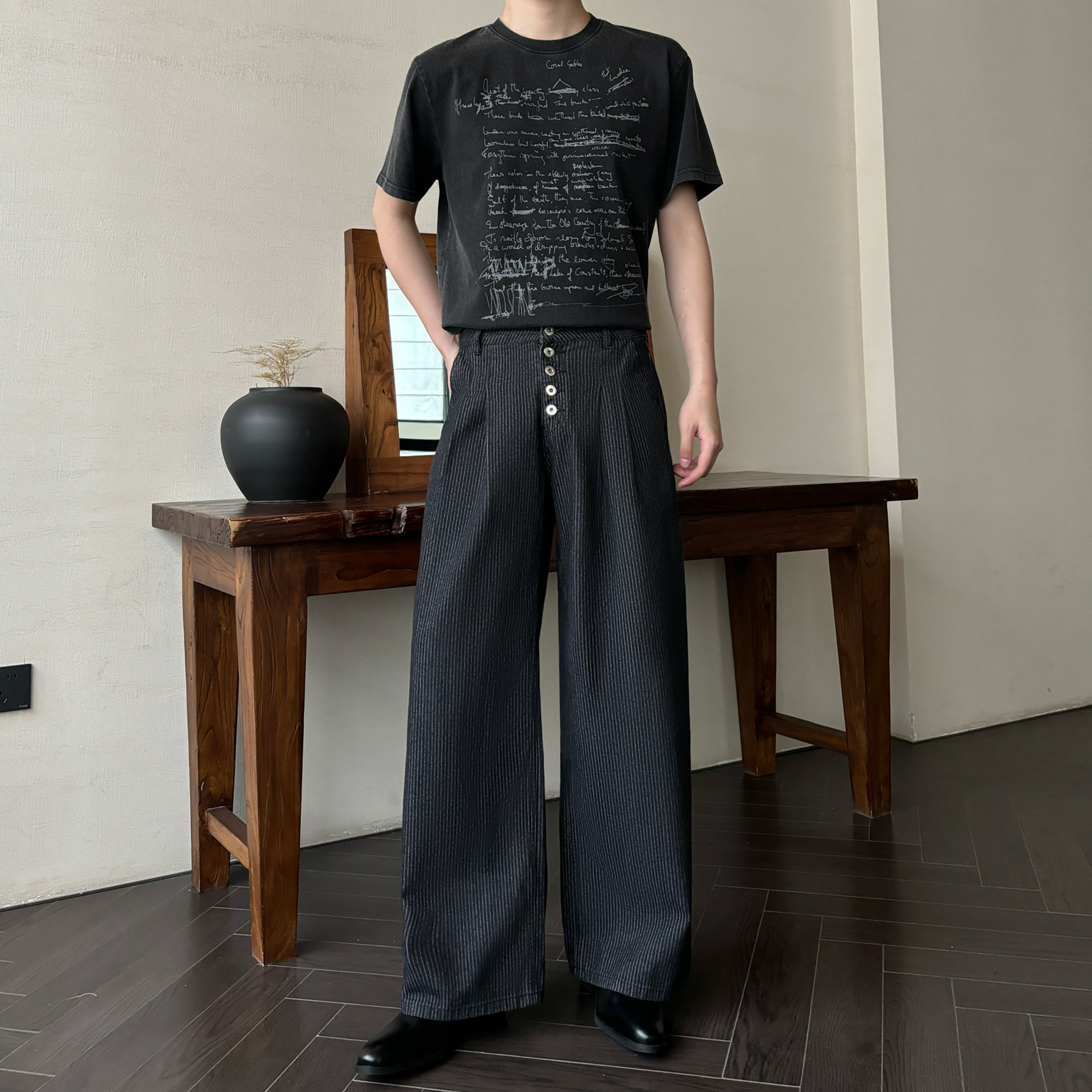 LNED7【内置拉链设计】夏季高品质5连扣条纹压褶A字直筒牛仔裤男