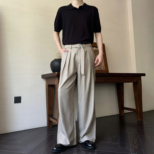 夏季卡其压褶A字宽松阔腿西裤男