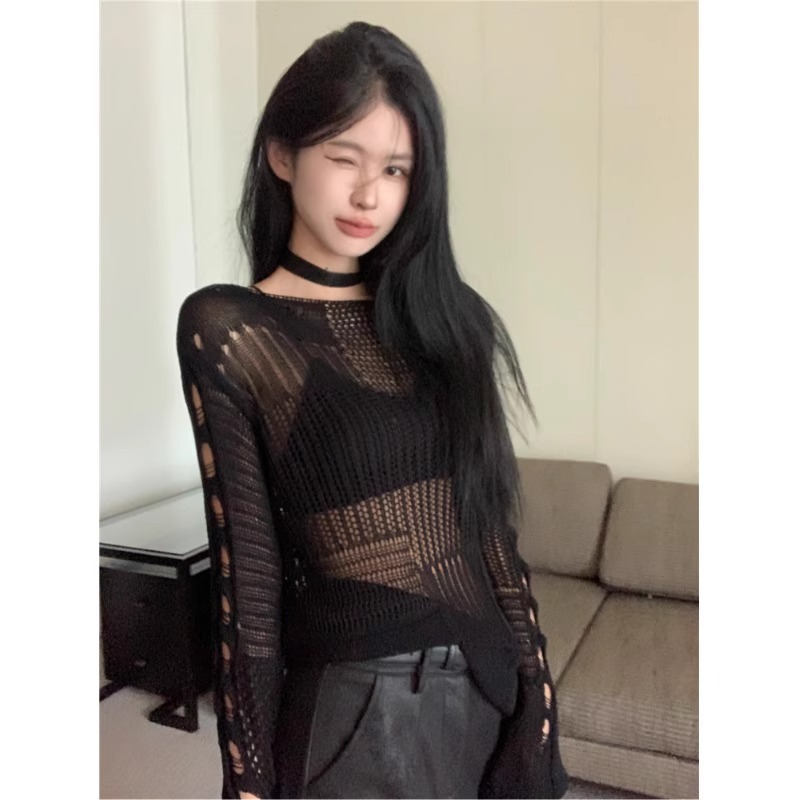 纯欲设计感镂空网破洞针织罩衫女春夏季慵懒风显瘦辣妹防晒上衣