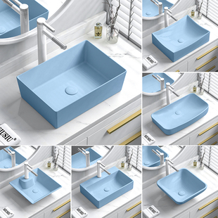 蓝色陶瓷台上盆方形洗脸盆洗漱台盆家用面盆小尺寸阳台台上洗手盆