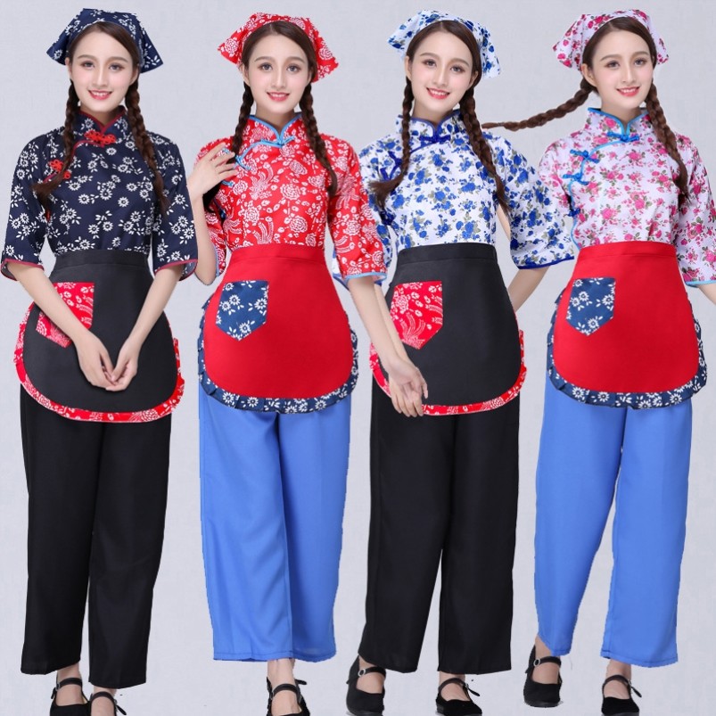 阿庆嫂碎花采茶女村姑衣服民族舞蹈乡村风古装农村戏服表演出服装