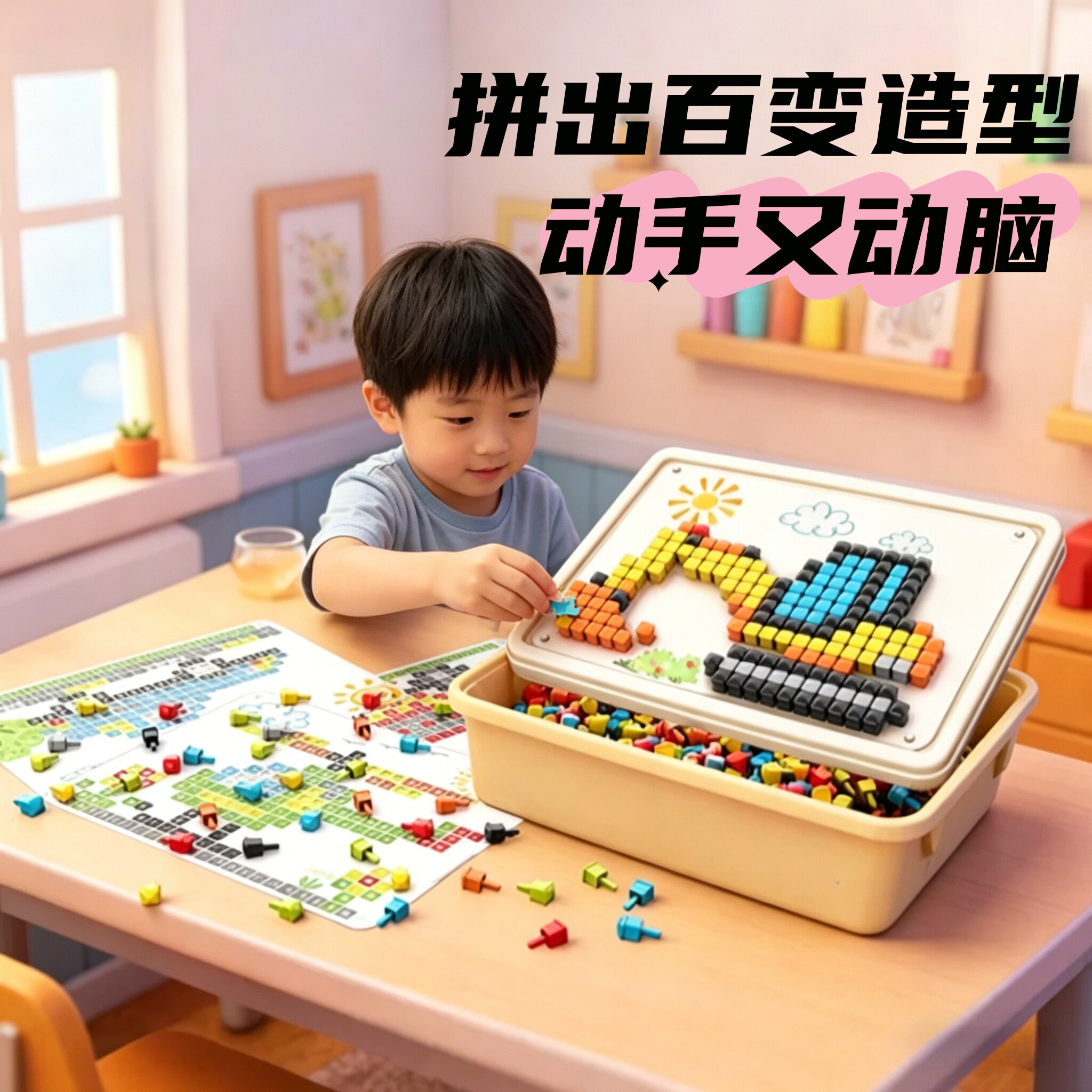 蘑菇钉益智玩具3D立体插插乐儿童手工diy大颗粒DIY拼装图生日礼物
