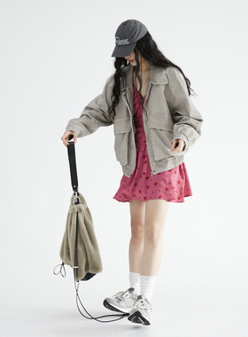 PABO笨狗冷萃灰绿哑光短款设计感工装夹克美式复古皮衣外套短款